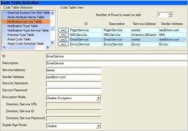 The notification service table option selected on the code table selection tab with the selections filled in.